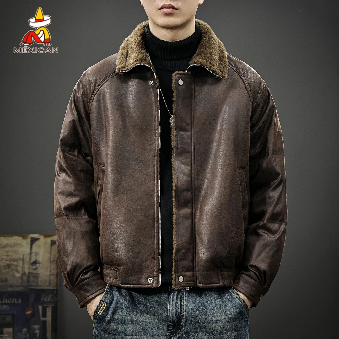 Mexican/稻草人冬季潮牌复古皮夹克男款美式做旧加绒加厚保暖外套