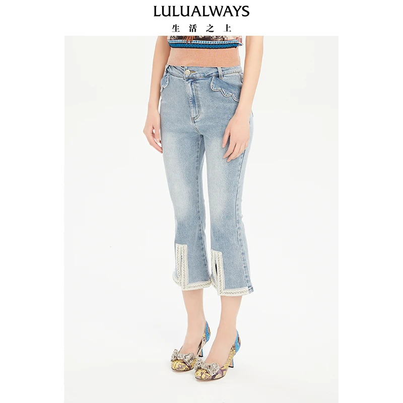 LULUALWAYS夏新微喇珍珠点缀牛仔长裤LNB3016