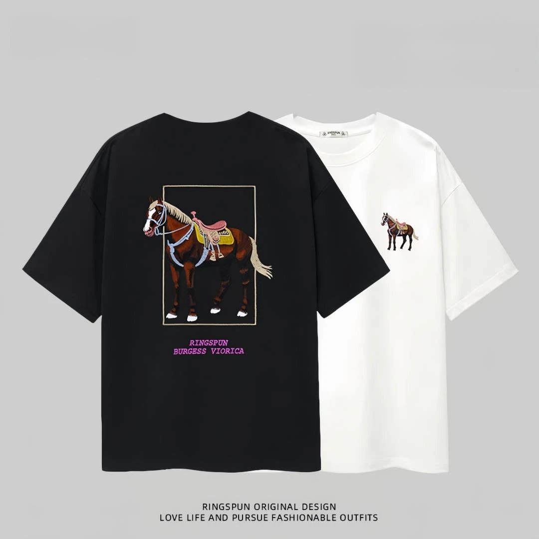 夏季新款轻奢高端骏马短袖体恤时尚百搭个性潮流休闲宽松男装半袖