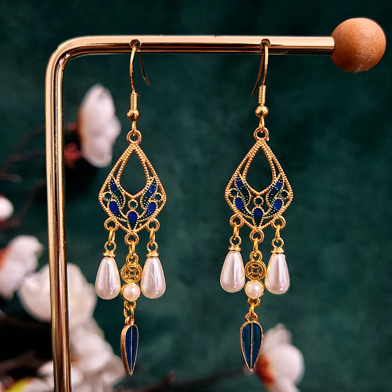 多吉米蓝羽绮梦复古新中式原创高级感耳环无耳洞耳夹耳饰配汉服