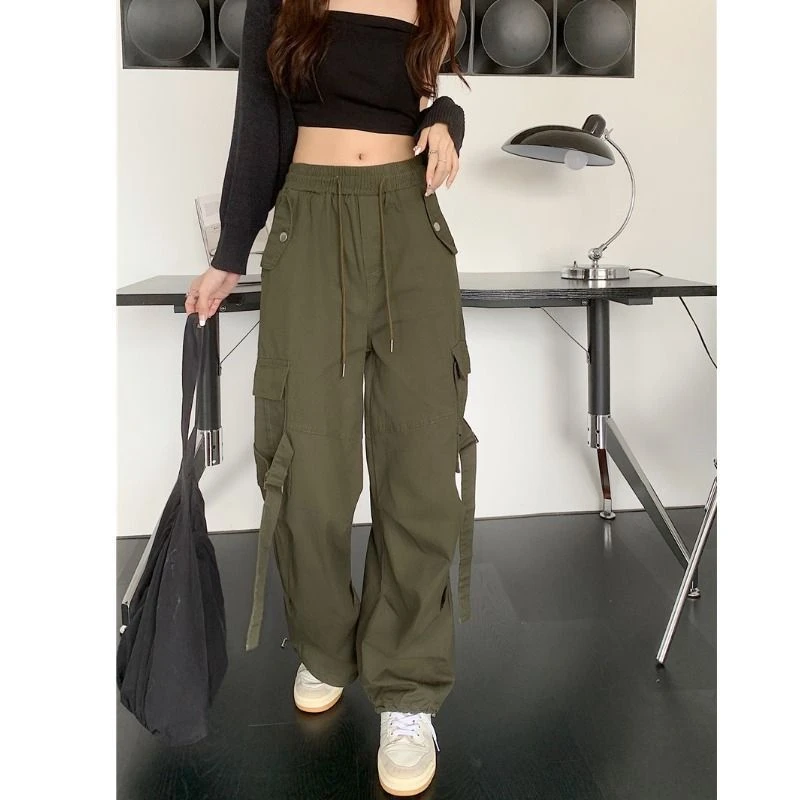 韩版ins潮宽松百搭直筒高腰显瘦美式工装裤女装遮肉束脚休闲裤子