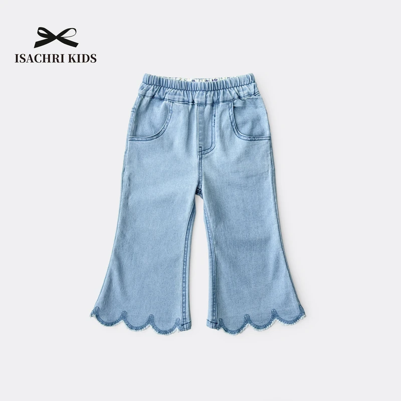 晶晶家【现发】浪花裤别致波浪边~时髦女儿童微喇牛仔裤夏裤IS516