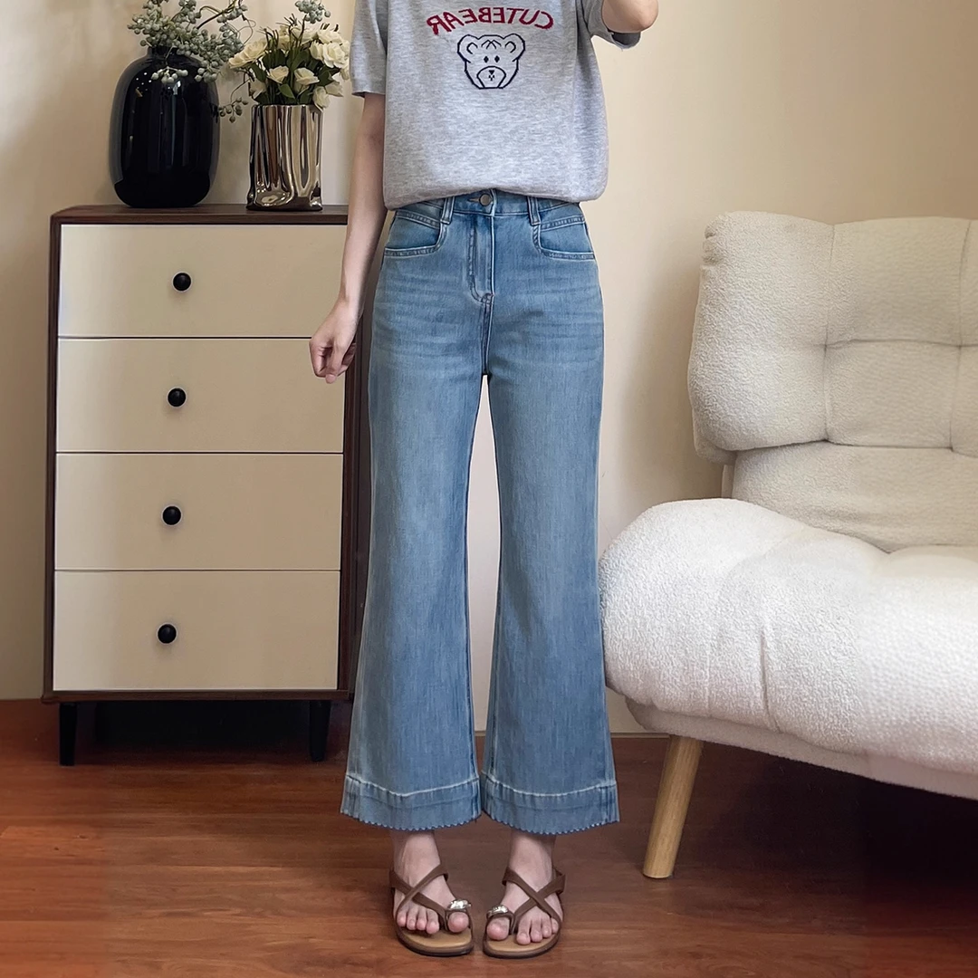 蓝色微喇牛仔裤女2025夏季新款大码胖mm小个子高腰显瘦九分直筒裤