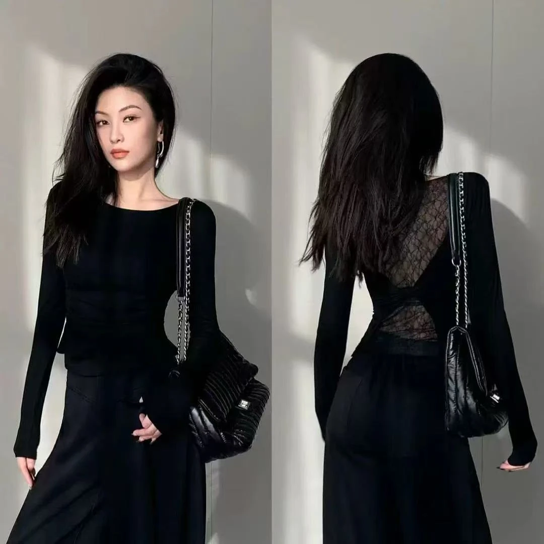 大码mm性感后背镂空蕾丝打底衫女春季设计感辣妹修身上衣内搭t恤