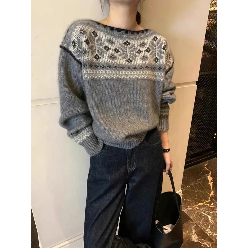 「暮光灰花朵费尔岛」韩系厚实时尚内搭针织衫宽松套头毛衣