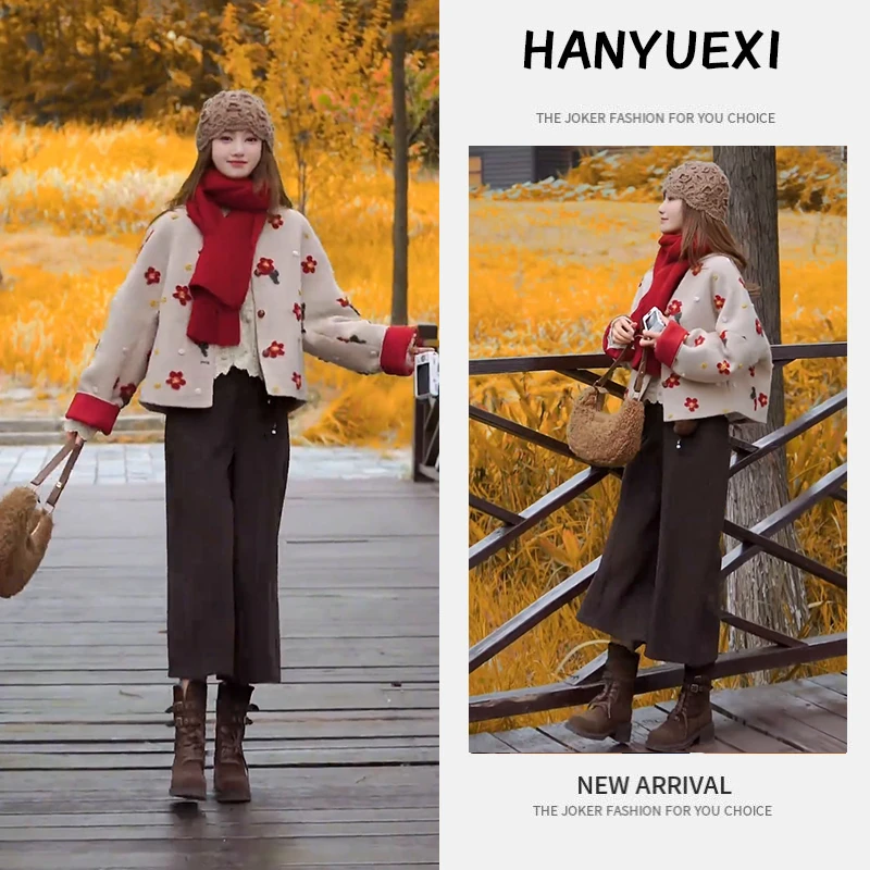 冬季时尚一整套女装2025新款连帽上衣重工短款外套阔腿裤三件套