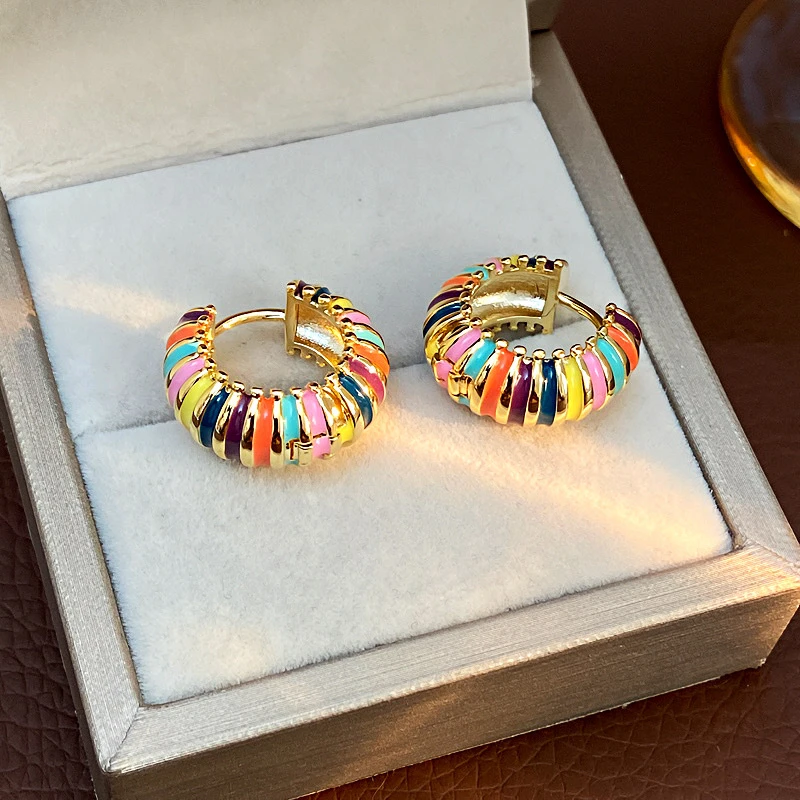 铜合金耳饰 欧美复古彩色滴油多巴胺耳环时尚气质百搭圆圈耳扣lx