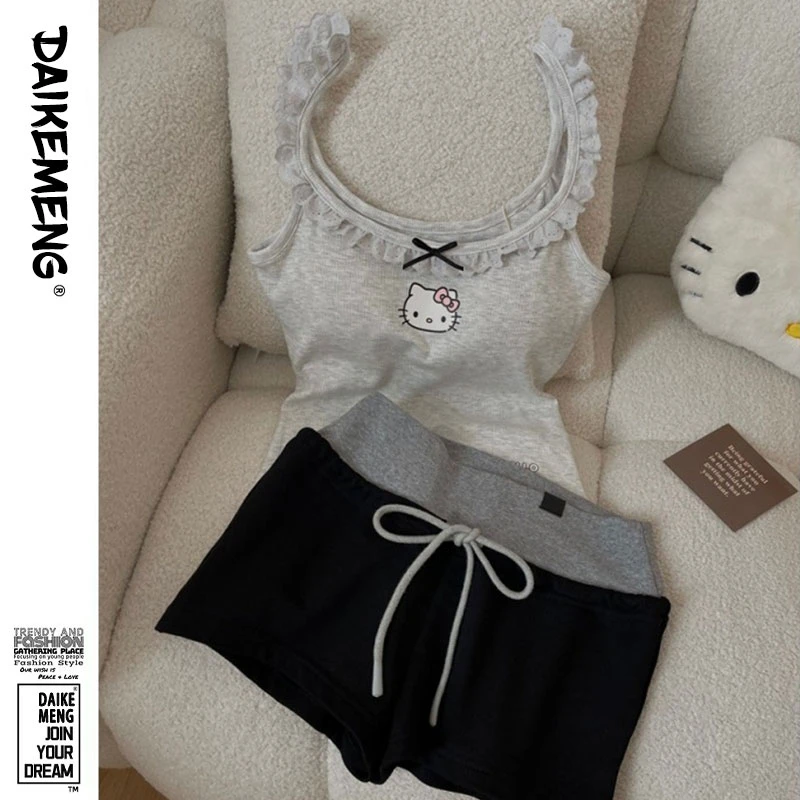 【小众Kitty猫】韩系甜美花边吊带睡衣套装女简约字母带胸垫家居服