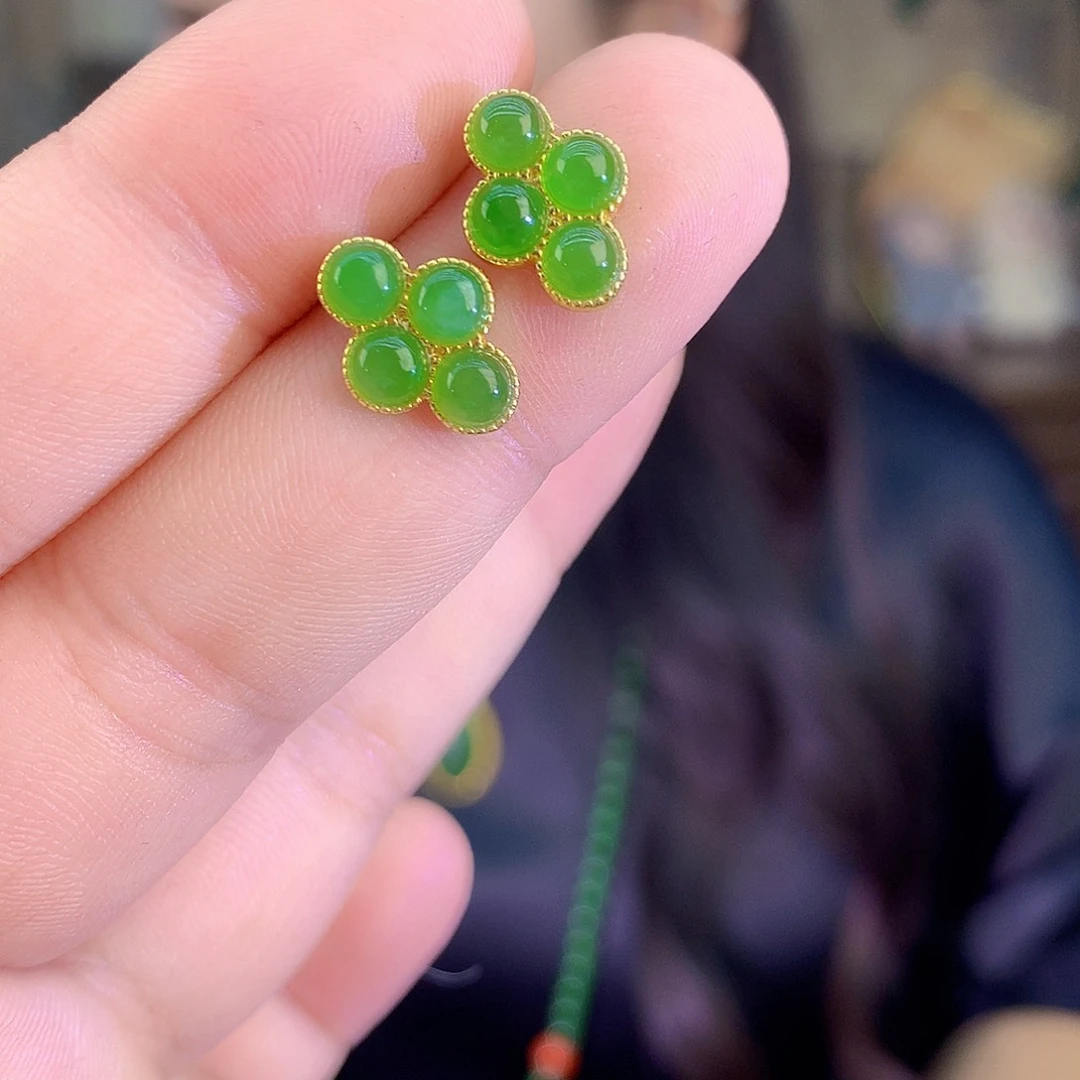 吊坠(不含链)银S925镶嵌和田玉（碧玉）耳饰