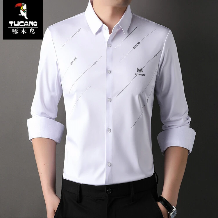 啄木鸟春秋新款男士长袖衬衫高档轻奢商务中年无痕抗皱上衣衬衣