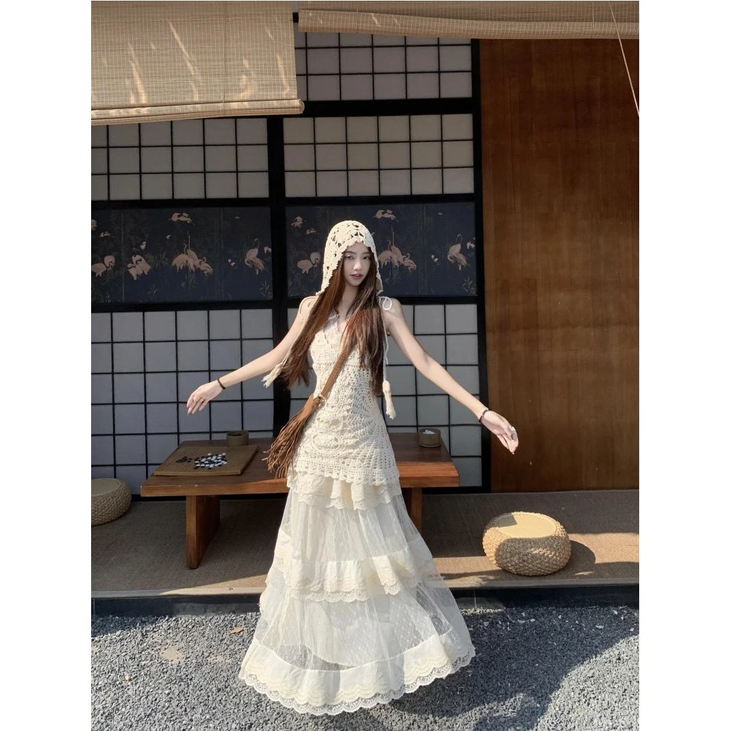 百感蕾丝绑带吊带手工针织镂空背心罩衫高腰蕾丝蛋糕裙内搭外穿20