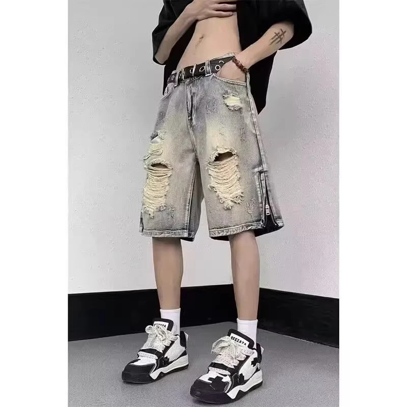 破洞牛仔短裤男夏装美式复古高街裤设计感小众拉链五分裤男士裤子