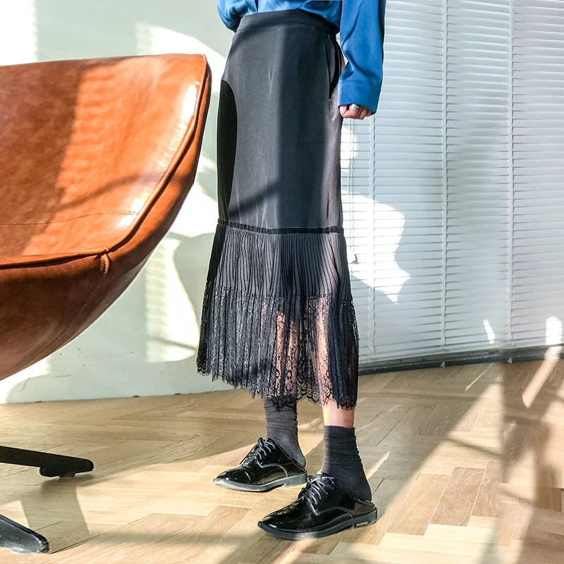 100%桑蚕丝蕾丝打褶腰裙高腰显瘦秋冬中长款真丝半裙70051894