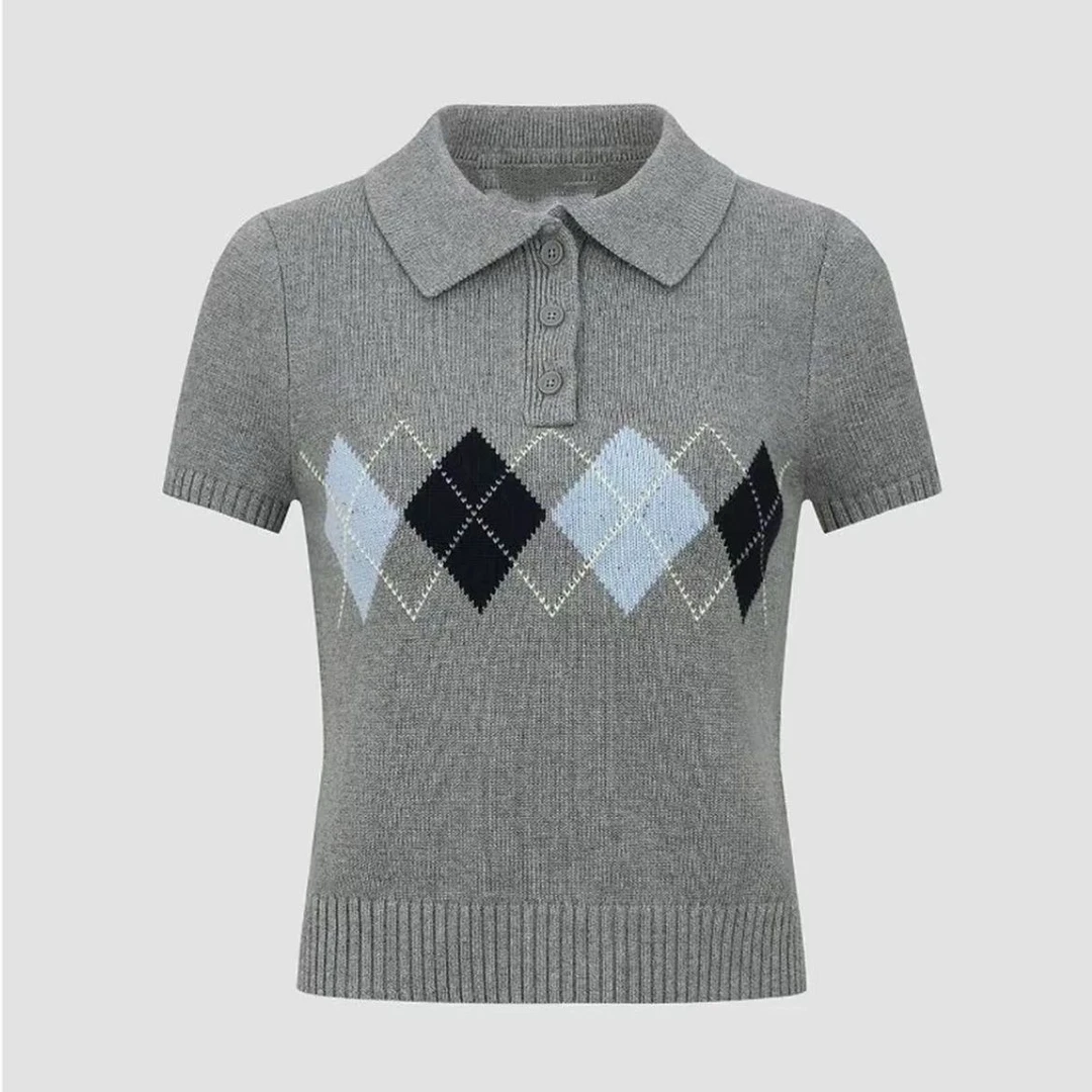 2025秋季新款法式休闲学院风菱格polo短袖针织衫女短款上衣百搭