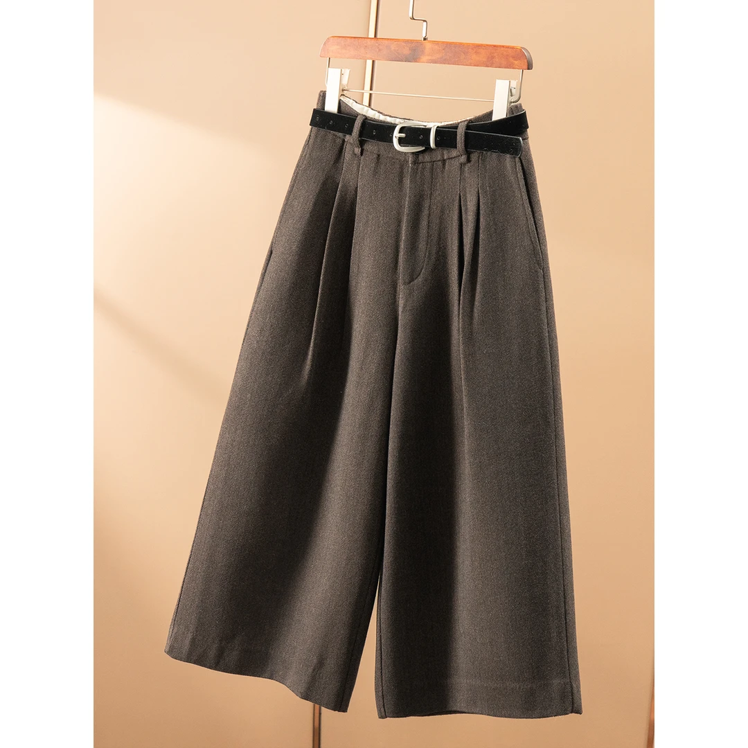 春天家 配靴子 时髦精 法柜含羊毛高腰直筒阔腿毛呢八分裤女06J8