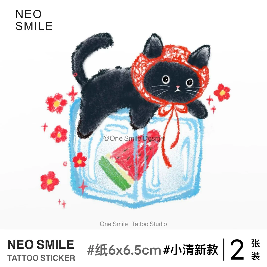 ONESMILE 冰镇西瓜猫咪 彩色纹身贴可爱卡通防水持久手臂儿童女