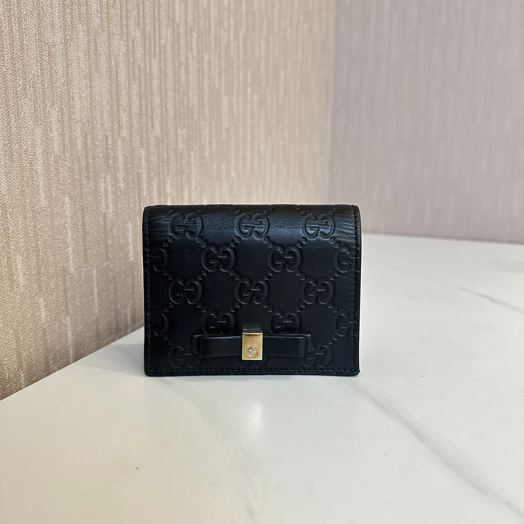 95新 GUCCI/古驰 一桃/古驰 黑色蝴蝶结按扣折叠钱包