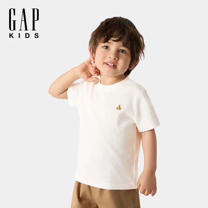 Gap男幼童2025夏新款纯棉小熊刺绣短袖T恤童装圆领707178/842521