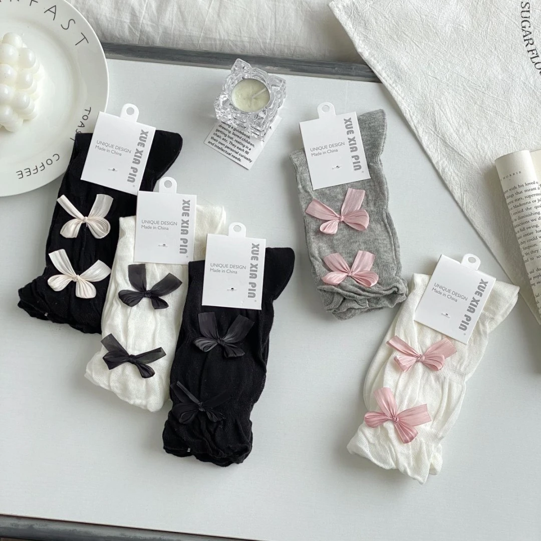 卷边松口日系蝴蝶结可爱袜子女中筒jk堆堆袜洛丽塔芭蕾风甜美长袜
