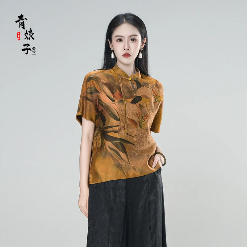 青娘子-香云纱印花花萝国风新中式夏季休闲百搭短袖上衣50261