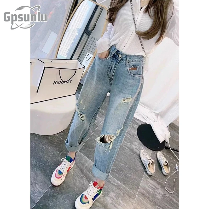 gpsunlu大码破洞直筒牛仔裤女夏季新款宽松高高腰白色牛仔阔腿裤