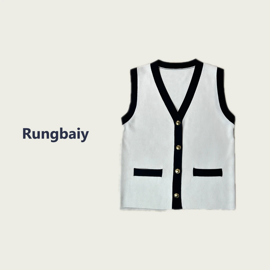 Rungbaiy黑白V领拼色气质无袖针织衫小香风时尚百搭修身显瘦背心