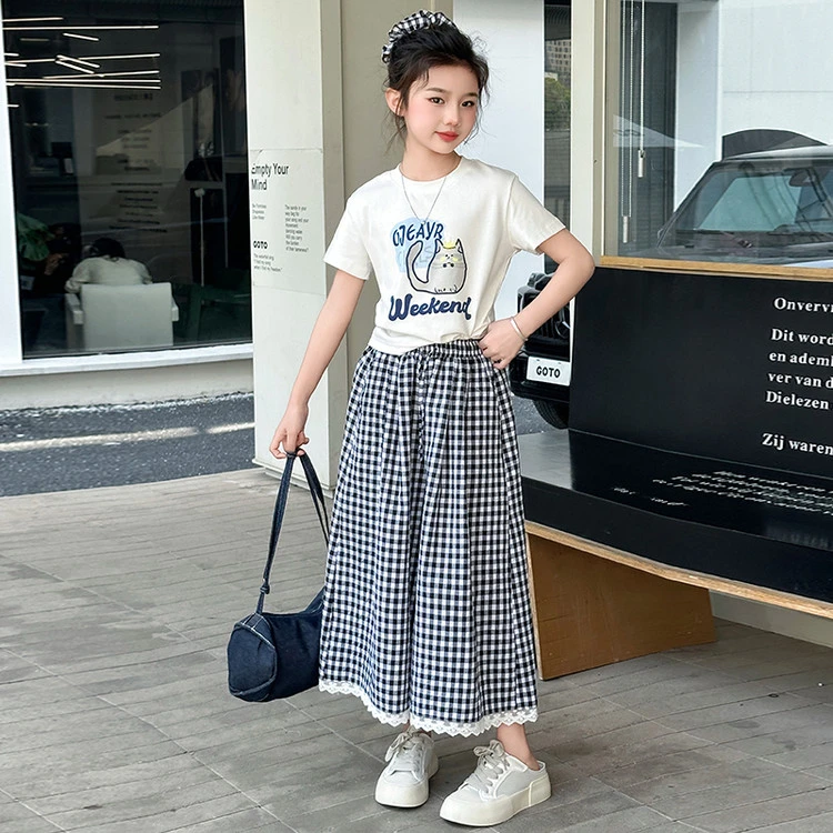 【丫丫童品】2025夏季新款女童女大童格子裤套装休闲百搭K751