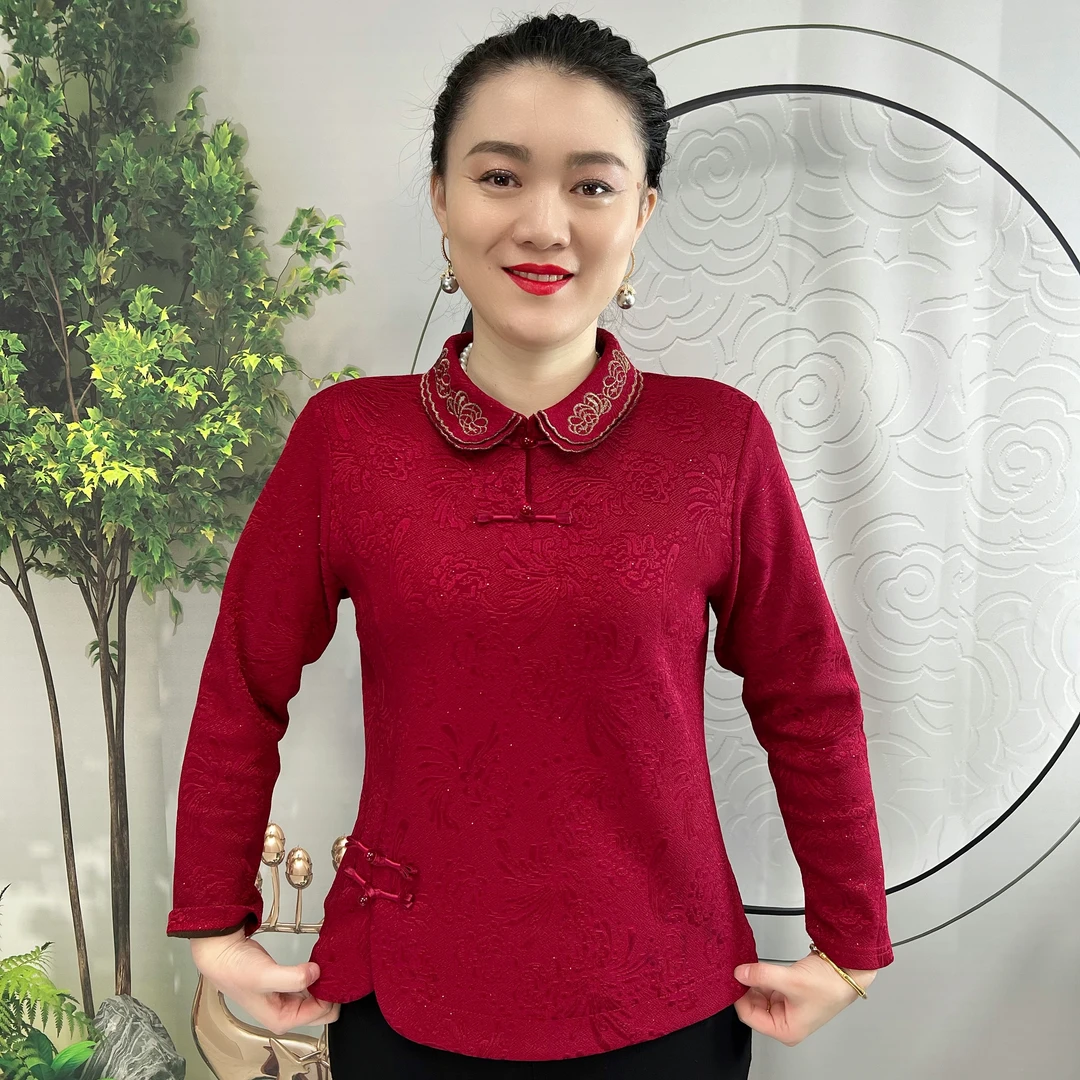 翻领刺绣套头新中式改良旗袍衫加绒长袖秋冬新款