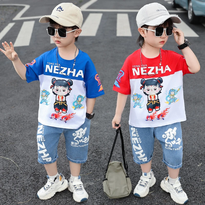 卡通风男薄款夏季男童短裤哪吒套装夏装童装帅气卡通洋气t恤韩版