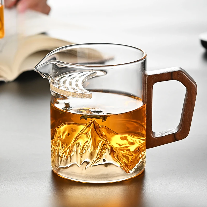 耐高温玻璃水杯加厚月牙过滤一体绿茶杯木把杯子大容量家用泡茶杯