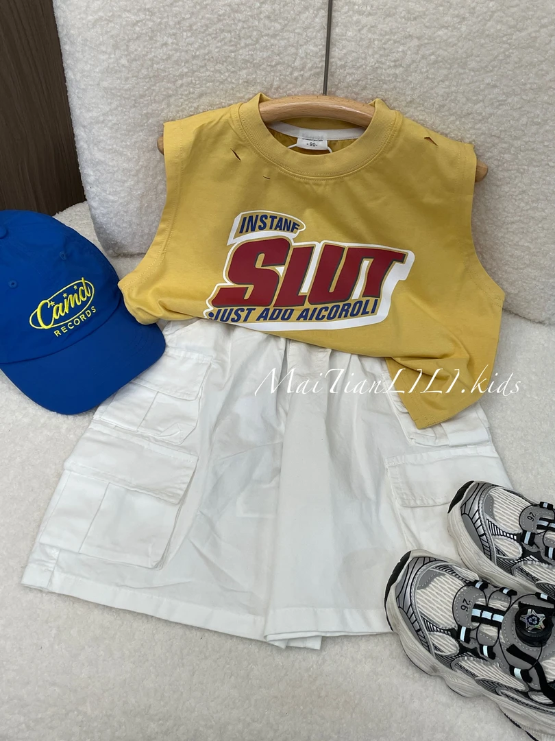 2025夏季新款韩版儿童时尚字母无袖上衣男女童百搭宽松慵懒风背心