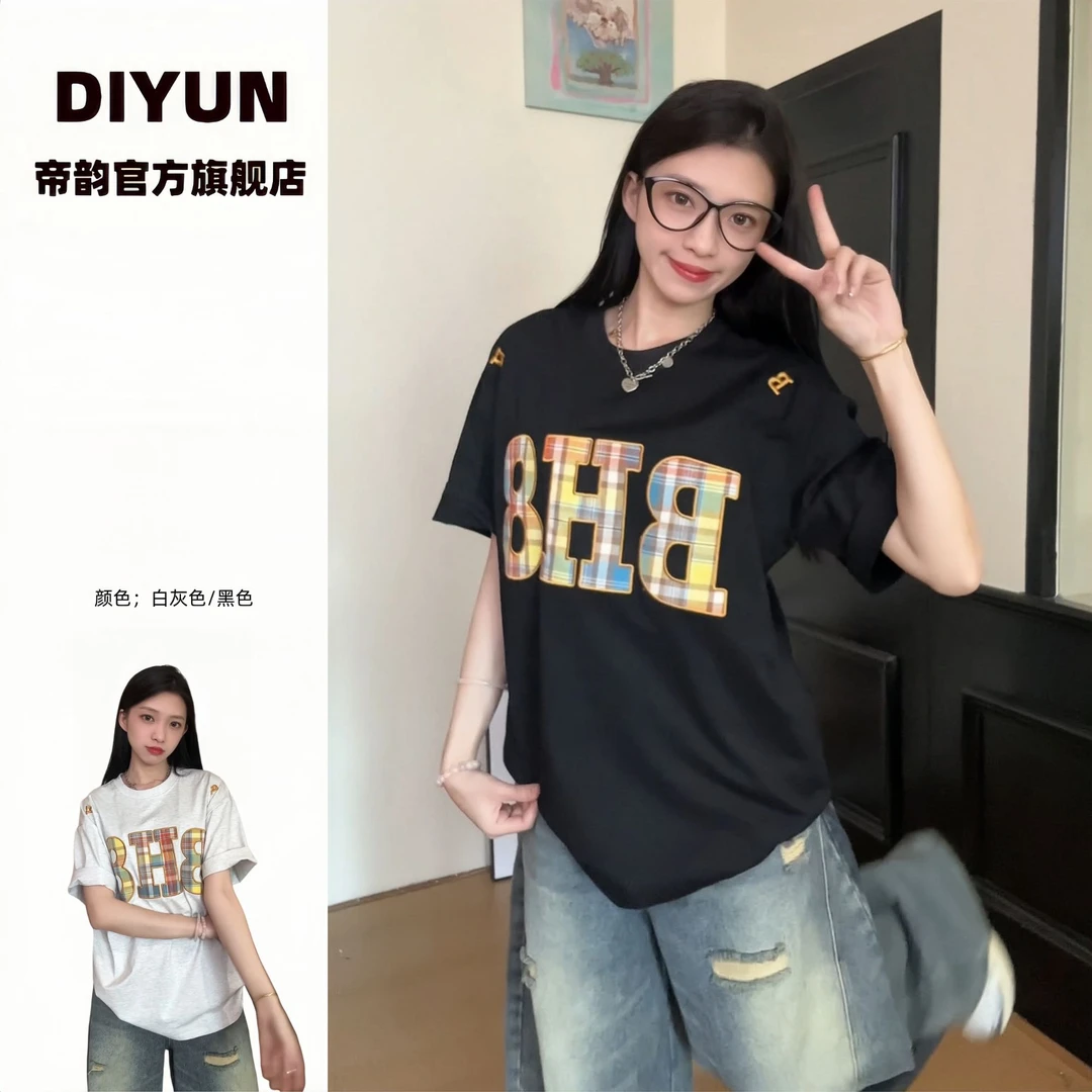 百搭夏季纯棉T恤欧若风字母刺绣复古运动风设计感情侣新款上衣ins