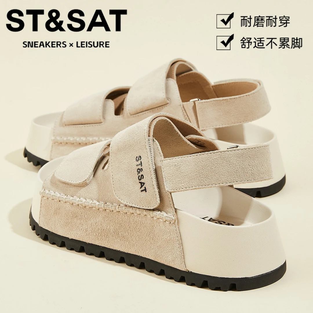 星期六复古轻便罗马鞋女2025夏季新款露趾透气魔术贴凉鞋沙滩鞋女