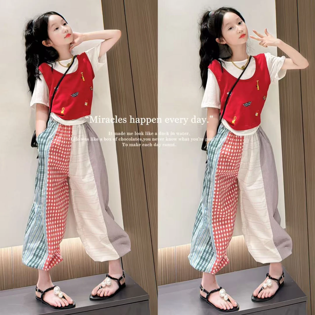 拼色女童夏季套装2025新款儿童洋气时髦短袖上衣假两件套女孩格子