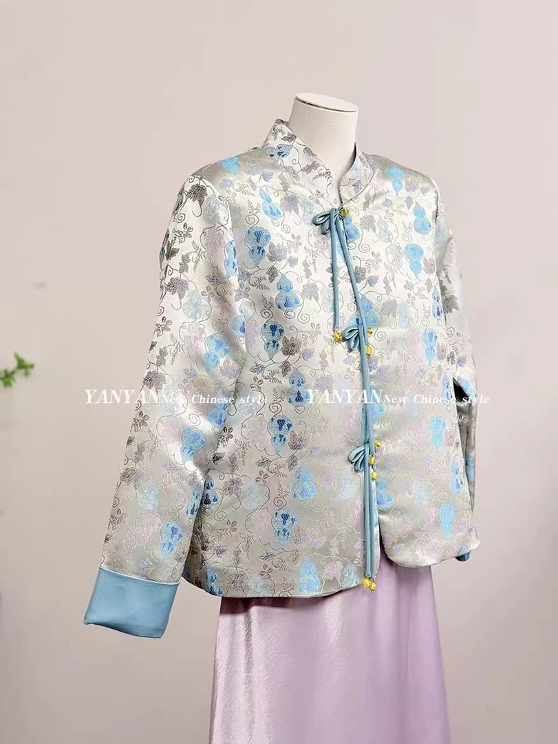 复古蓝色长袖宋锦外套时尚端庄国风气质秋冬款