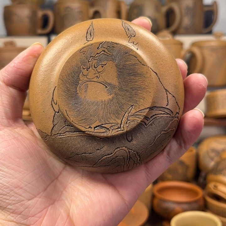 旋***涡紫砂杯子无锦盒钟馗刻绘紫砂主人杯