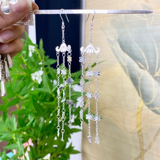 足银耳饰 超长流苏耳环耳坠足银手工民族苗族长款气质耳环耳线