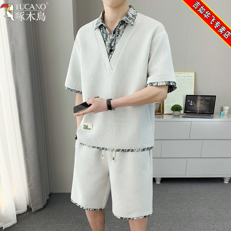 啄木鸟夏季短袖高品质假两件衬衫宽松T恤新款休闲套装男士时尚潮