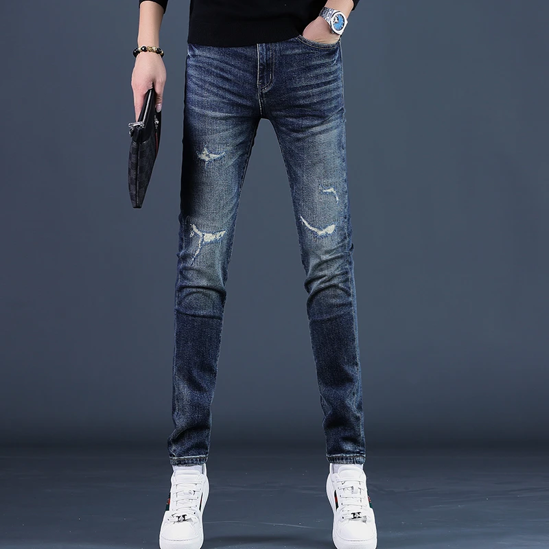 Cebrodz秋季新款高端破洞乞丐牛仔裤男潮牌修身小脚潮流弹力男裤