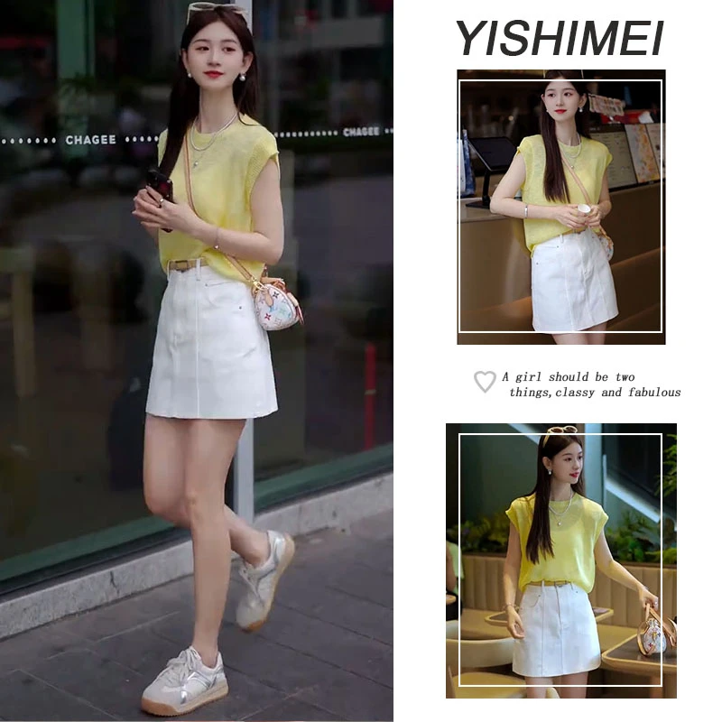 2025夏季穿搭一整套新款韩版简约气质百搭上衣高腰休闲短裙两件套