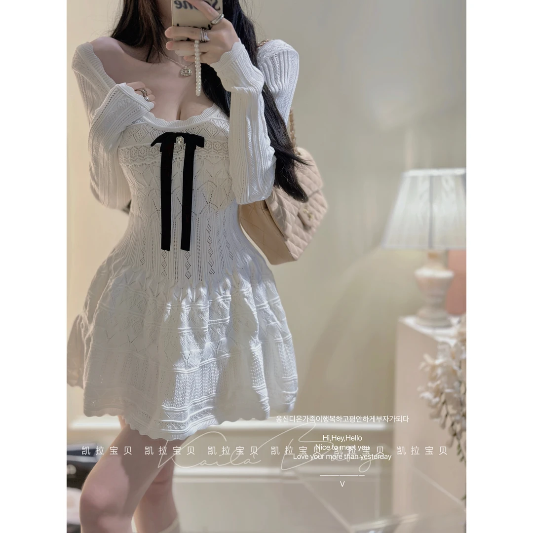 PMKDE||千金少女白月光小白花温柔蝴蝶结钩花针织连衣裙