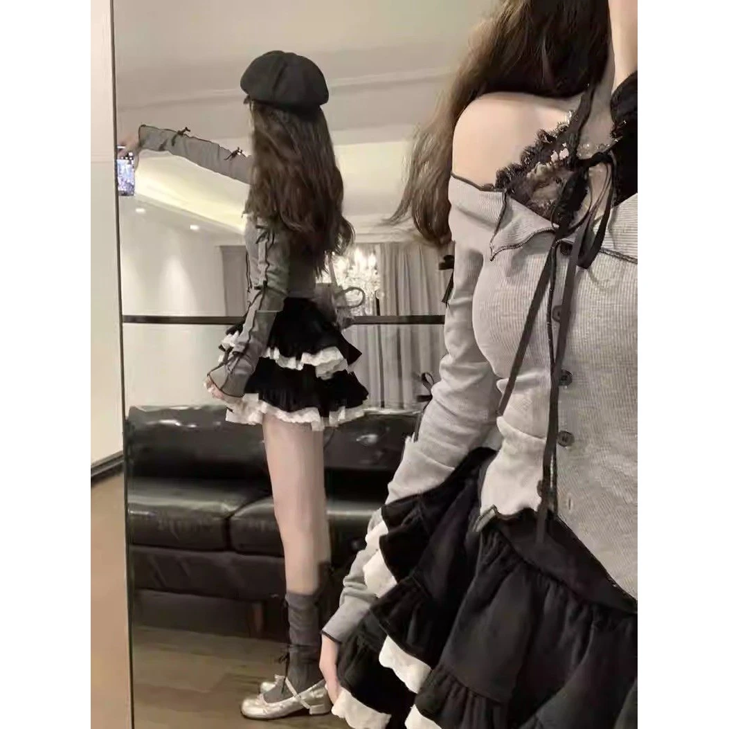灰色长袖柔软开衫搭配黑色丝绒短裙女甜美风纯欲套装上衣涤纶材质