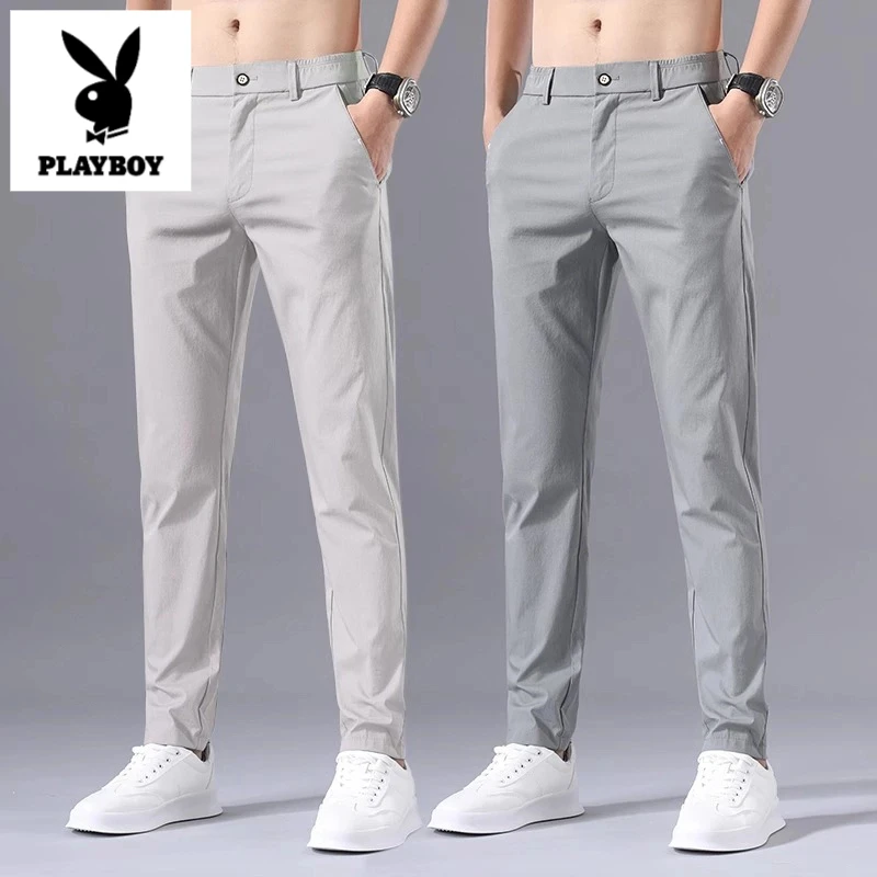 花花公子冰丝休闲裤男士夏季薄款弹力透气西裤修身直筒速干长裤子