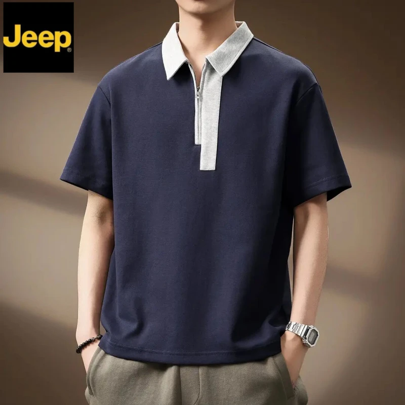 jeep吉普高端潮牌撞色翻领短袖男士Polo衫夏季半拉链设计感t恤男