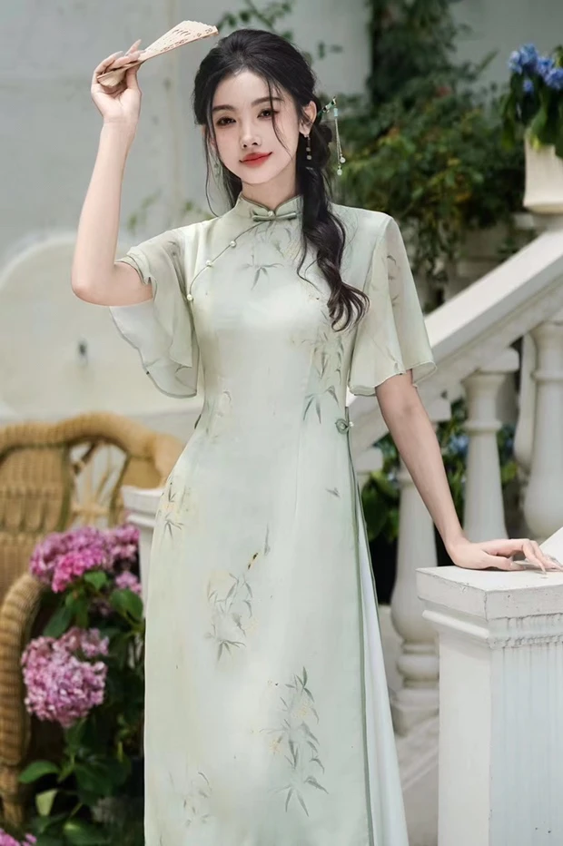 短裙旗袍中长裙日常中式春夏中长款兰花草修身少女长裙气质