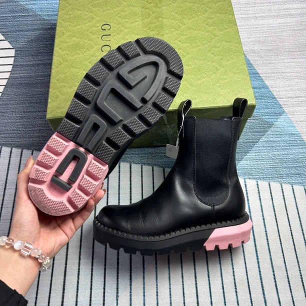 95新 GUCCI/古驰 古驰黑粉拼色短靴三七半