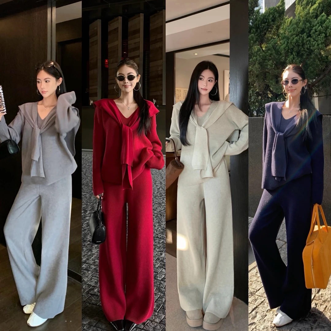 秋冬慵懒纯色针织套装极简风V领上衣+时尚披肩+阔腿裤休闲三件套