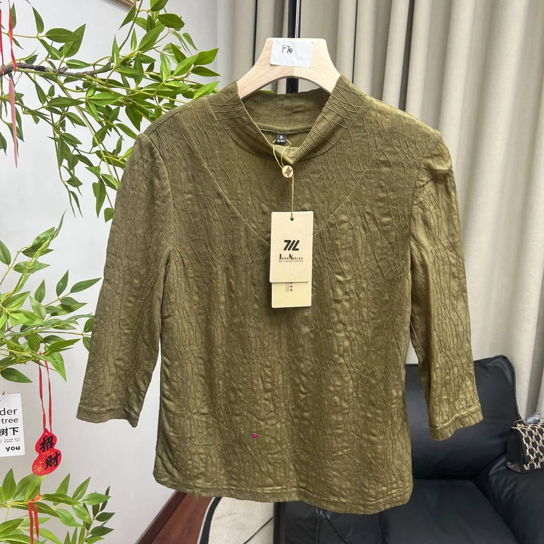 F70半高领五分袖冰丝针织衫新洋气款肌理感中袖百搭上衣女