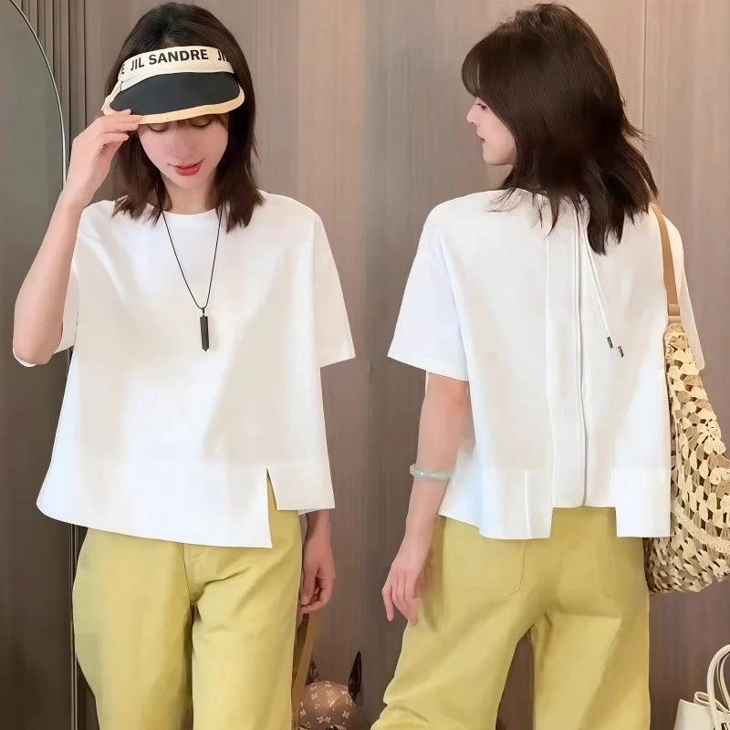 后背拉链开衫纯棉短袖t恤女2025新款夏季设计感不规则短款上衣女