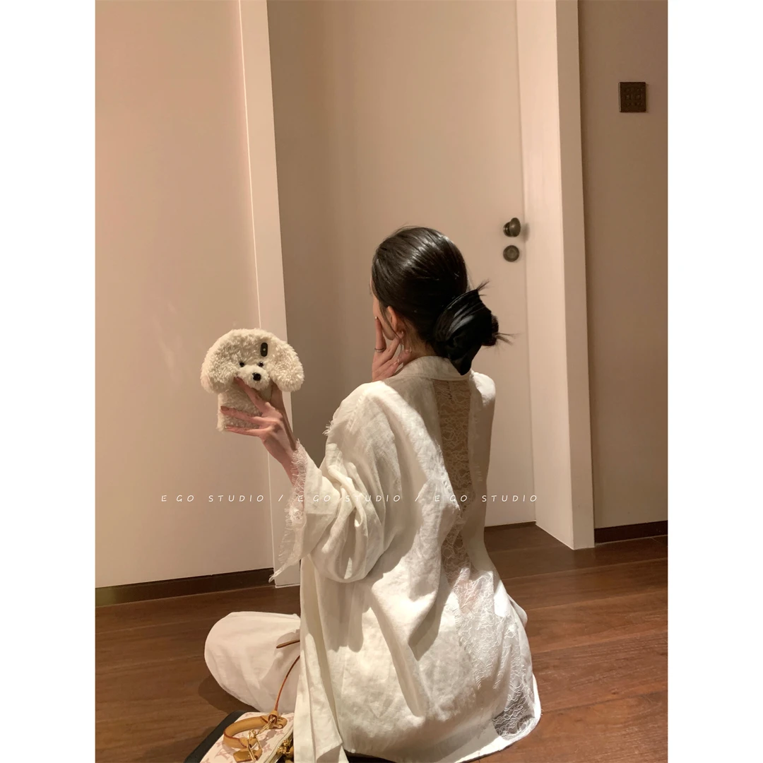 e go studio 麻棉拼接蕾丝睫毛边衬衫女老钱风慵懒松弛感防晒上衣